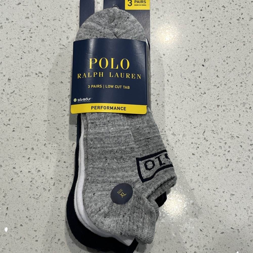 Polo Ralph Lauren Mens White Gray Technical Sport 3 Pair Athletic Socks One Size